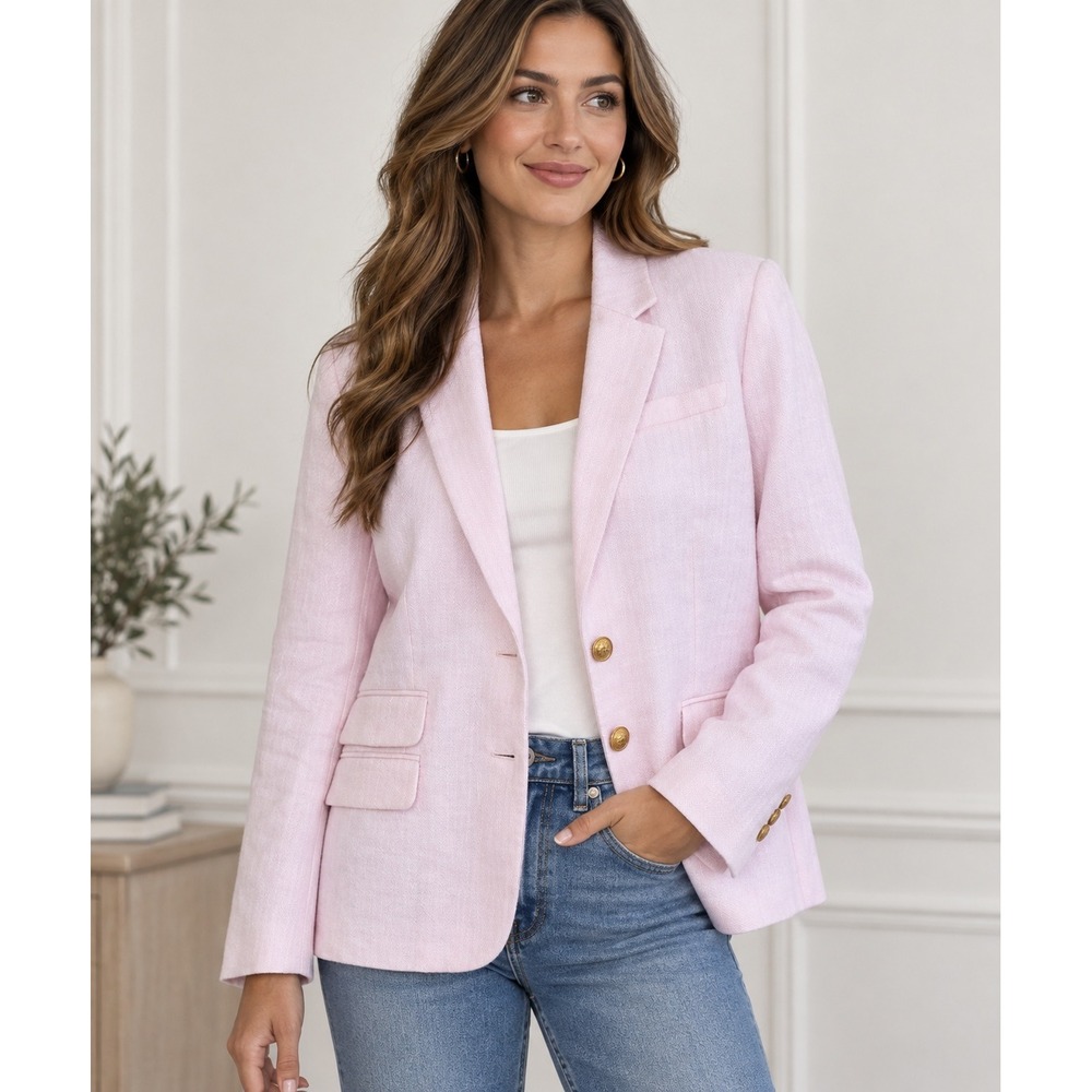 J.Crew Dalton Blazer Women 18 Pink Classic Fit Herringbone Gold Crest Buttons